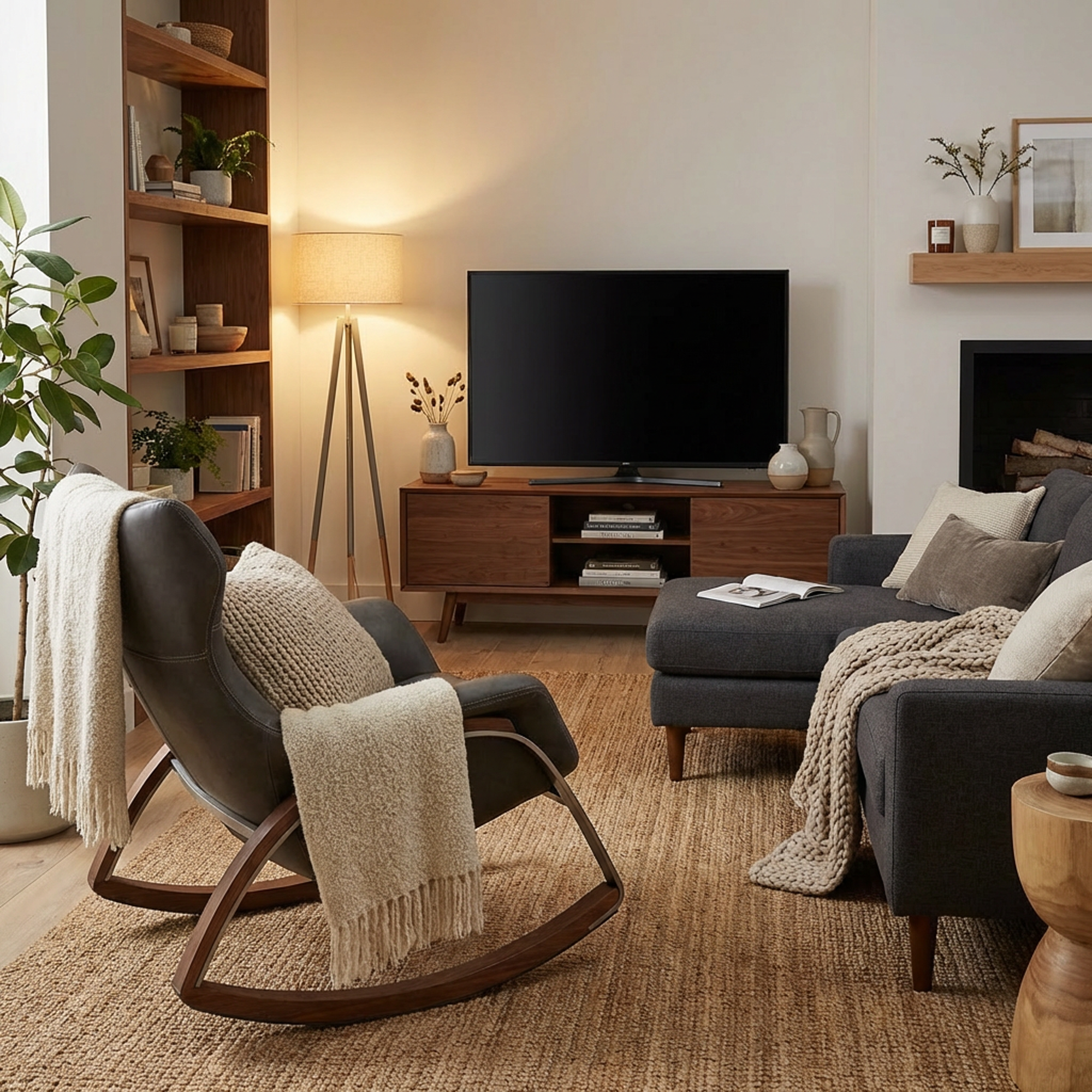 Modern Leather Rocking Chair – Charcoal Upholstered Lounge Rocker with ...