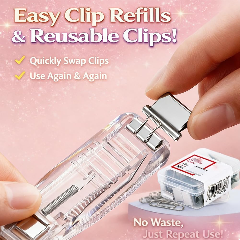 2 Pcs Portable Binder Clip Stapler. with 100 Pcs Small Binder Clips. Non-Destructive Paper Clam Dispenser for Office. Home. School