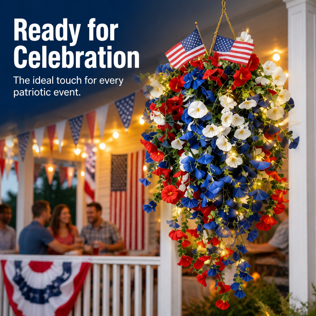 4th of July Patriotic Flower Decor, 3M Warm LED Lights with Button Remote
