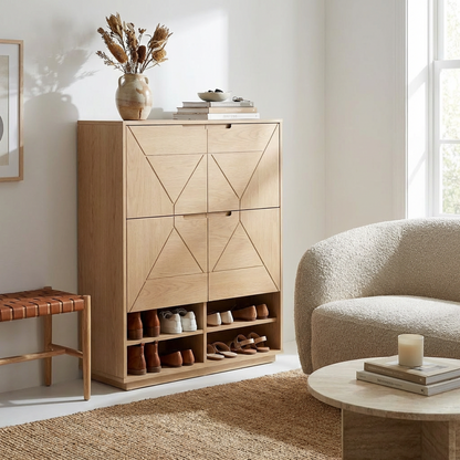 Light Oak Geometric Shoe Storage Cabinet