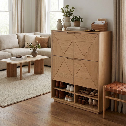 Light Oak Geometric Shoe Storage Cabinet