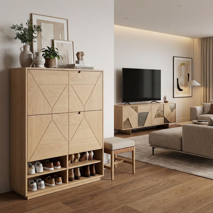 Light Oak Geometric Shoe Storage Cabinet