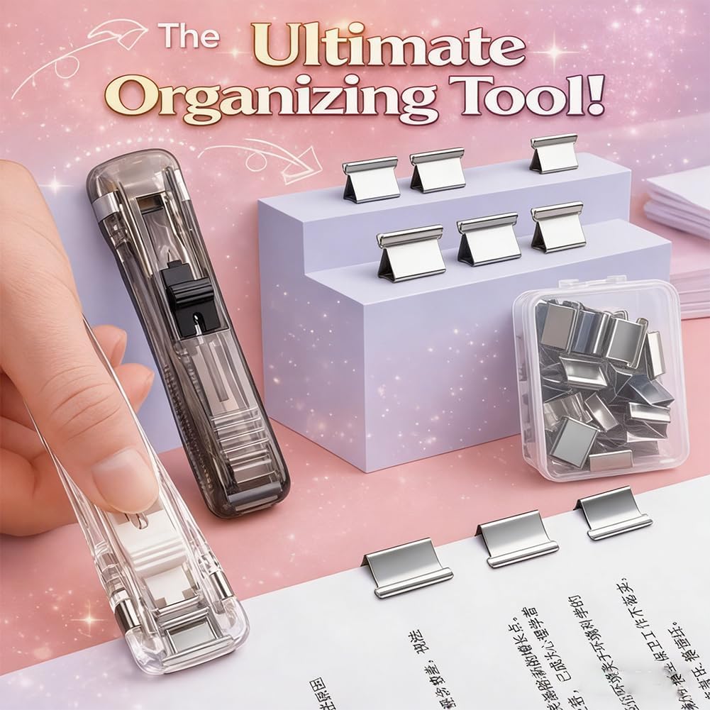 2 Pcs Portable Binder Clip Stapler. with 100 Pcs Small Binder Clips. Non-Destructive Paper Clam Dispenser for Office. Home. School