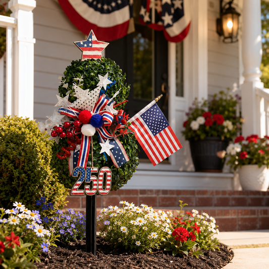 USA 250th Anniversary Patriotic Topiary Garden Stake. Red White Blue Yard Decor for 4th of July. Memorial Day & Independence Day