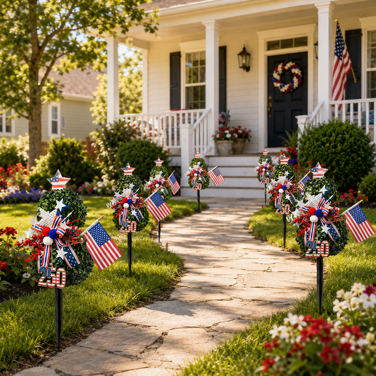 USA 250th Anniversary Patriotic Topiary Garden Stake. Red White Blue Yard Decor for 4th of July. Memorial Day & Independence Day