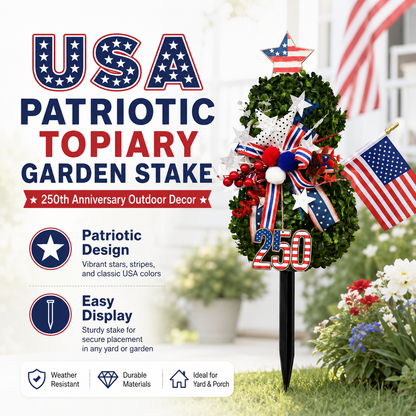 USA 250th Anniversary Patriotic Topiary Garden Stake. Red White Blue Yard Decor for 4th of July. Memorial Day & Independence Day