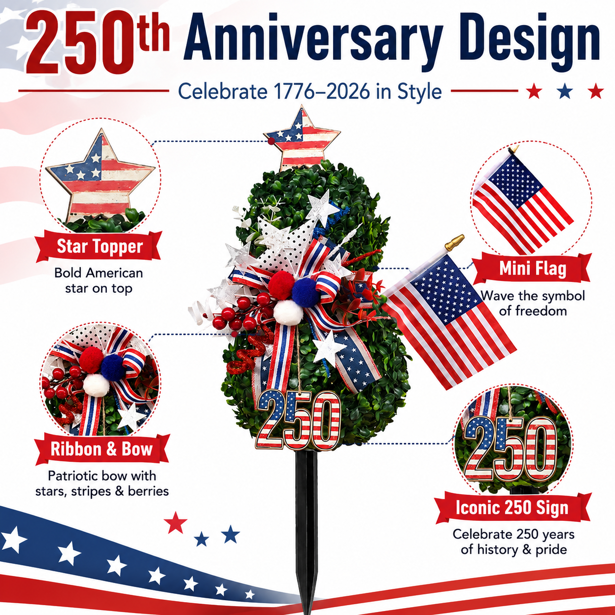 USA 250th Anniversary Patriotic Topiary Garden Stake. Red White Blue Yard Decor for 4th of July. Memorial Day & Independence Day