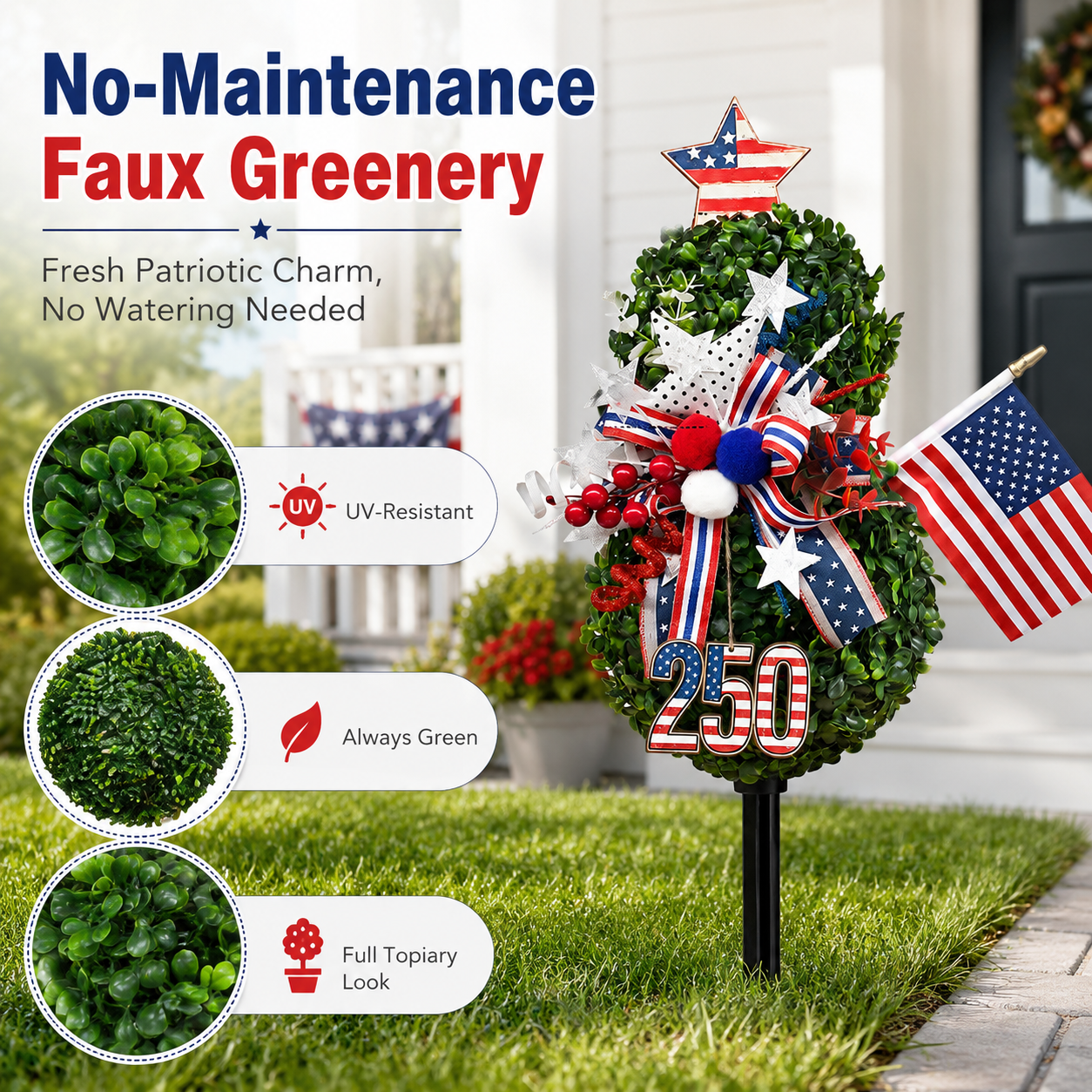 USA 250th Anniversary Patriotic Topiary Garden Stake. Red White Blue Yard Decor for 4th of July. Memorial Day & Independence Day