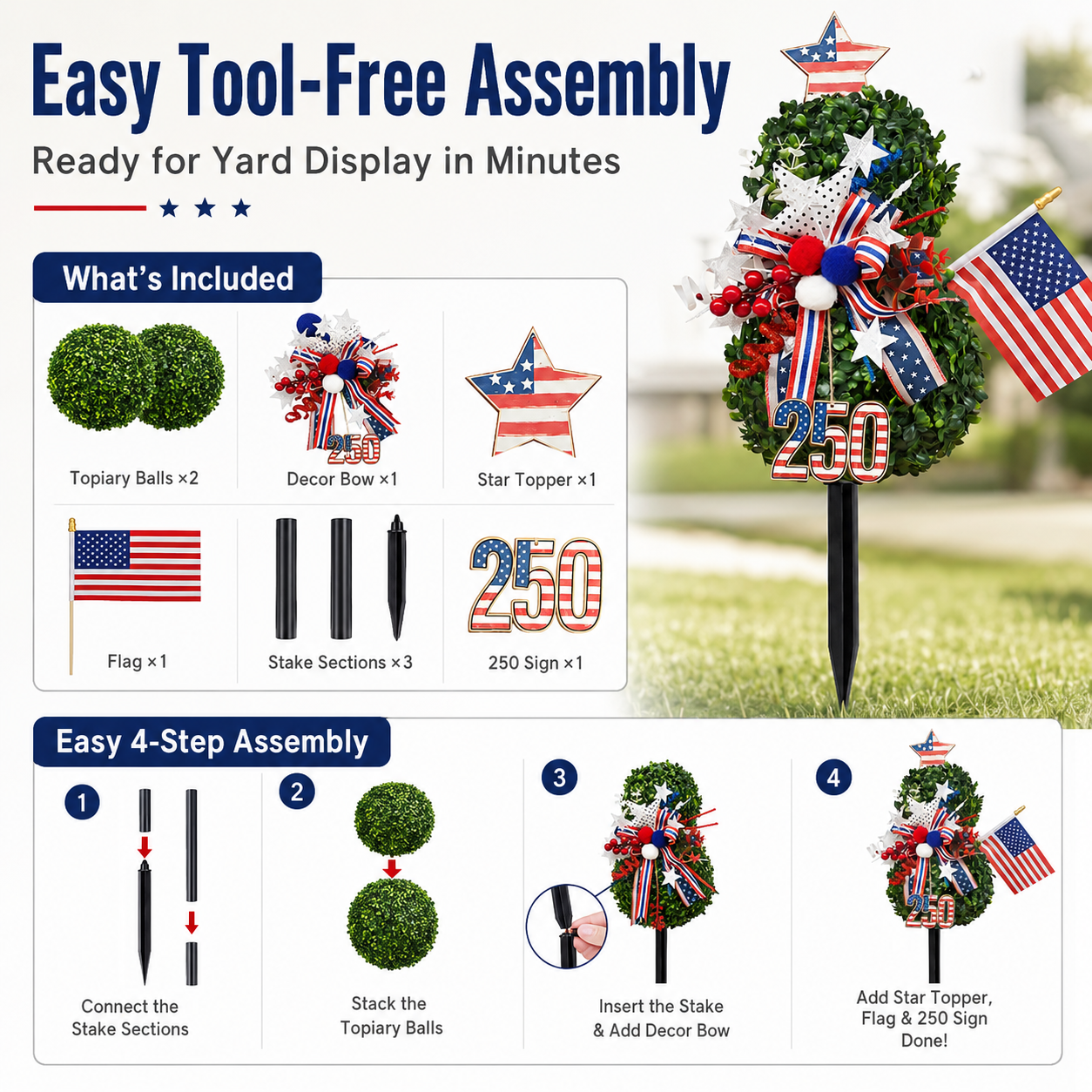 USA 250th Anniversary Patriotic Topiary Garden Stake. Red White Blue Yard Decor for 4th of July. Memorial Day & Independence Day
