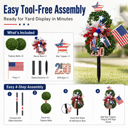 USA 250th Anniversary Patriotic Topiary Garden Stake. Red White Blue Yard Decor for 4th of July. Memorial Day & Independence Day