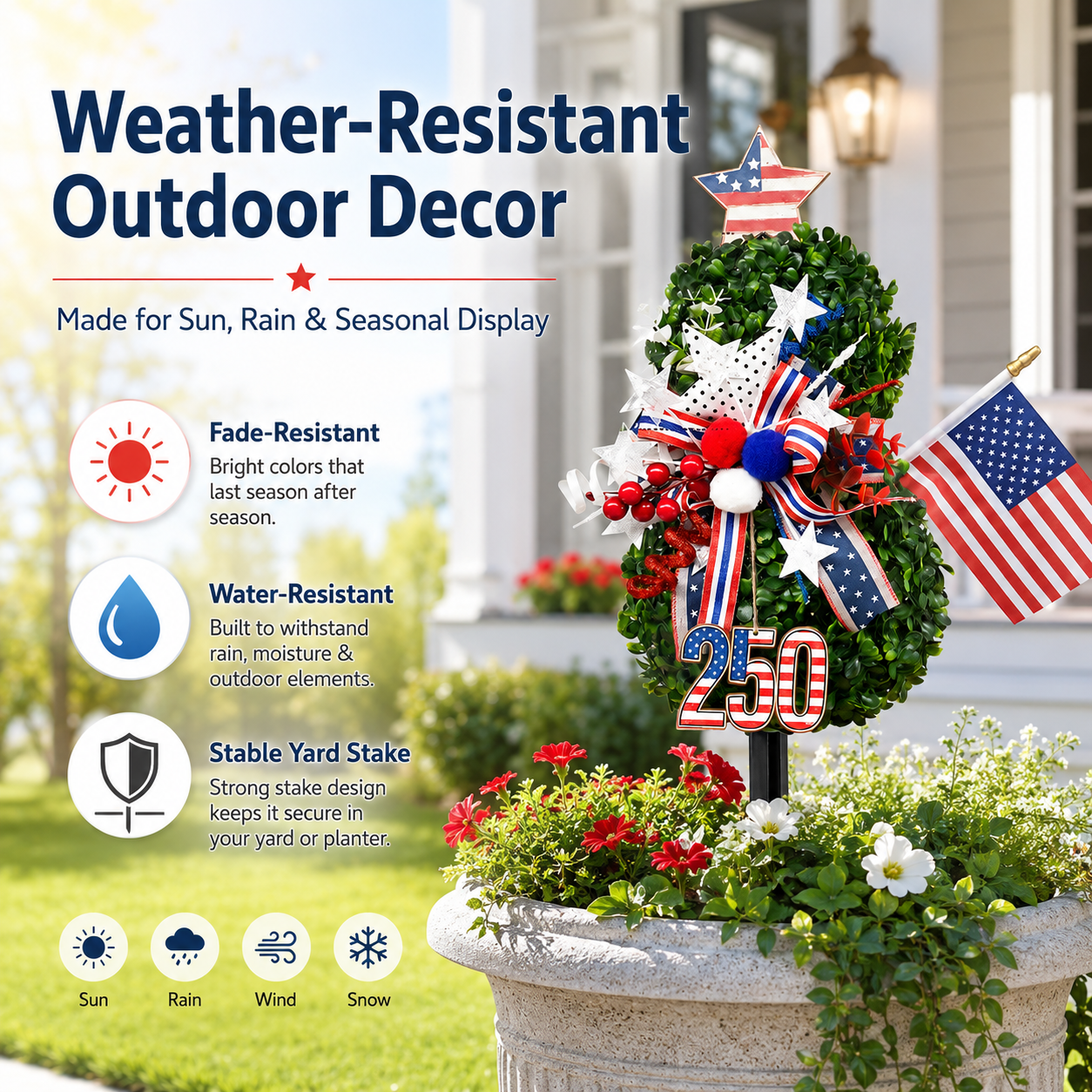 USA 250th Anniversary Patriotic Topiary Garden Stake. Red White Blue Yard Decor for 4th of July. Memorial Day & Independence Day