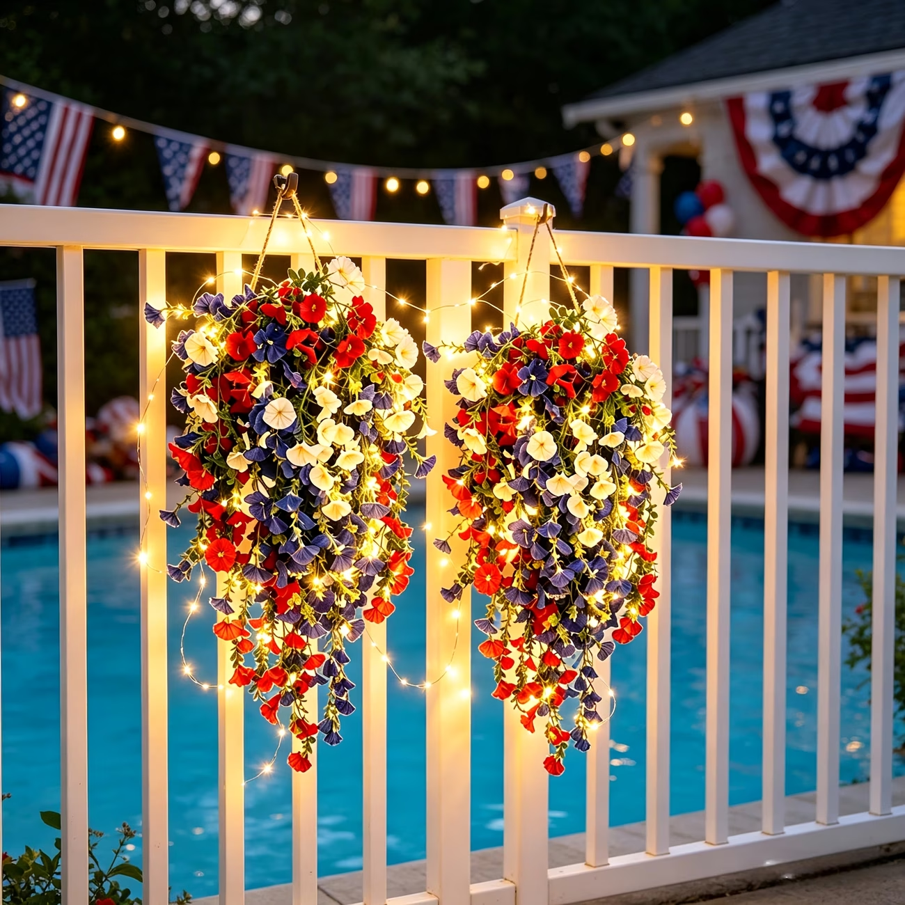 4th of July Patriotic Flower Decor, 3M Warm LED Lights with Button Remote