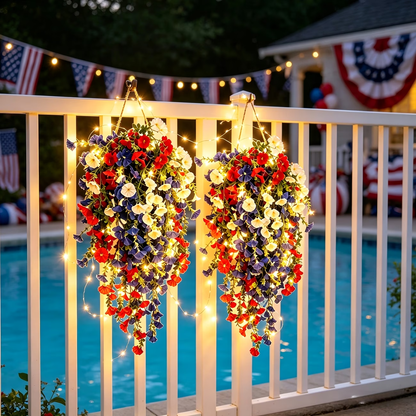 4th of July Patriotic Flower Decor, 3M Warm LED Lights with Button Remote