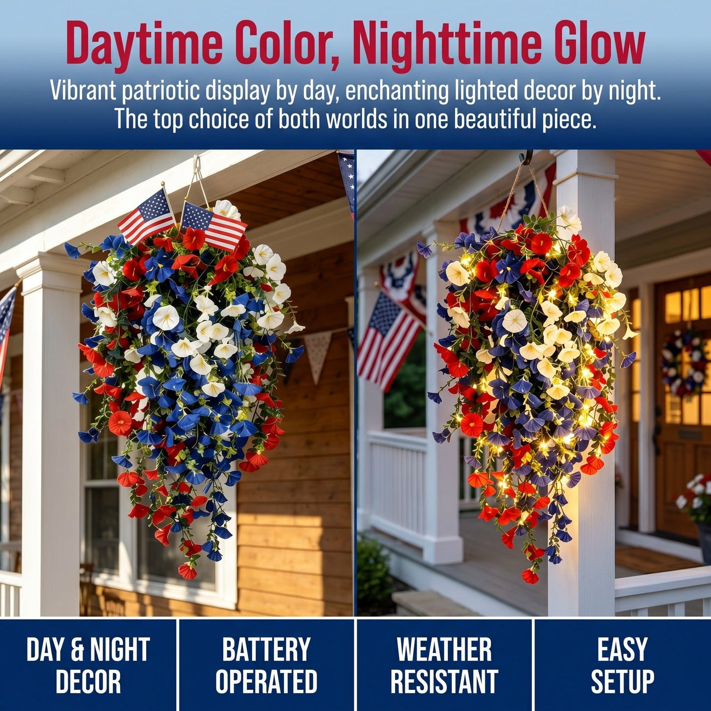 4th of July Patriotic Flower Decor, 3M Warm LED Lights with Button Remote