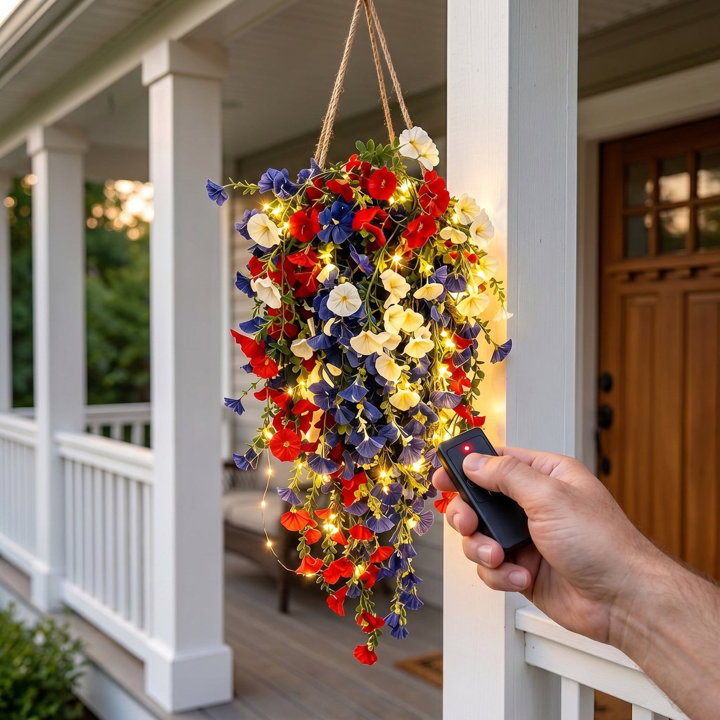 4th of July Patriotic Flower Decor, 3M Warm LED Lights with Button Remote