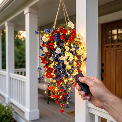 4th of July Patriotic Flower Decor, 3M Warm LED Lights with Button Remote