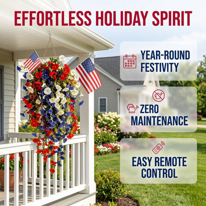 4th of July Patriotic Flower Decor, 3M Warm LED Lights with Button Remote