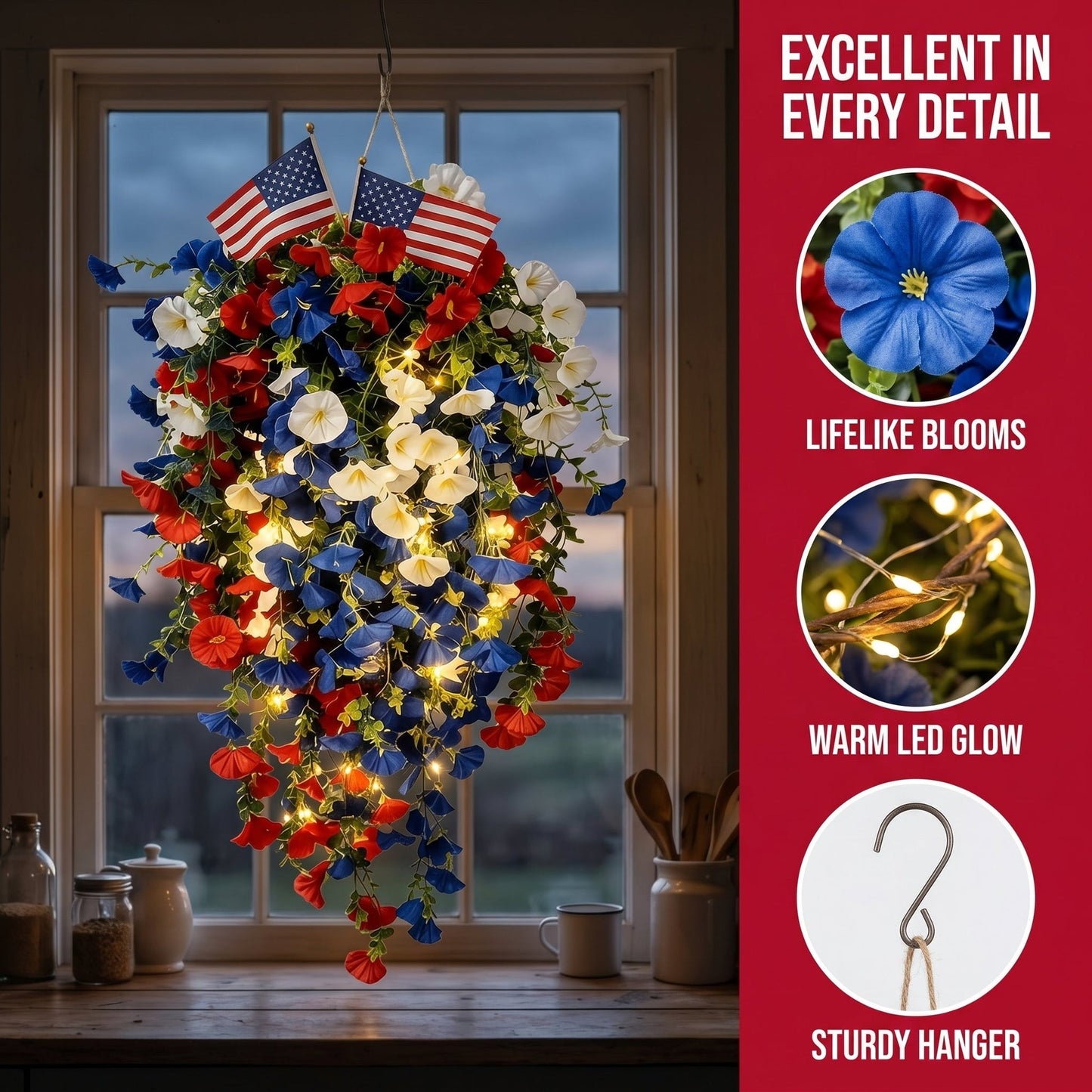 4th of July Patriotic Flower Decor, 3M Warm LED Lights with Button Remote