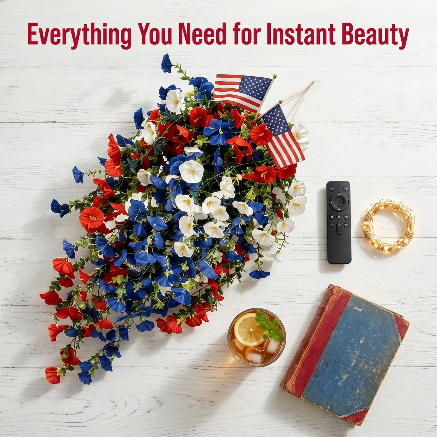 4th of July Patriotic Flower Decor, 3M Warm LED Lights with Button Remote