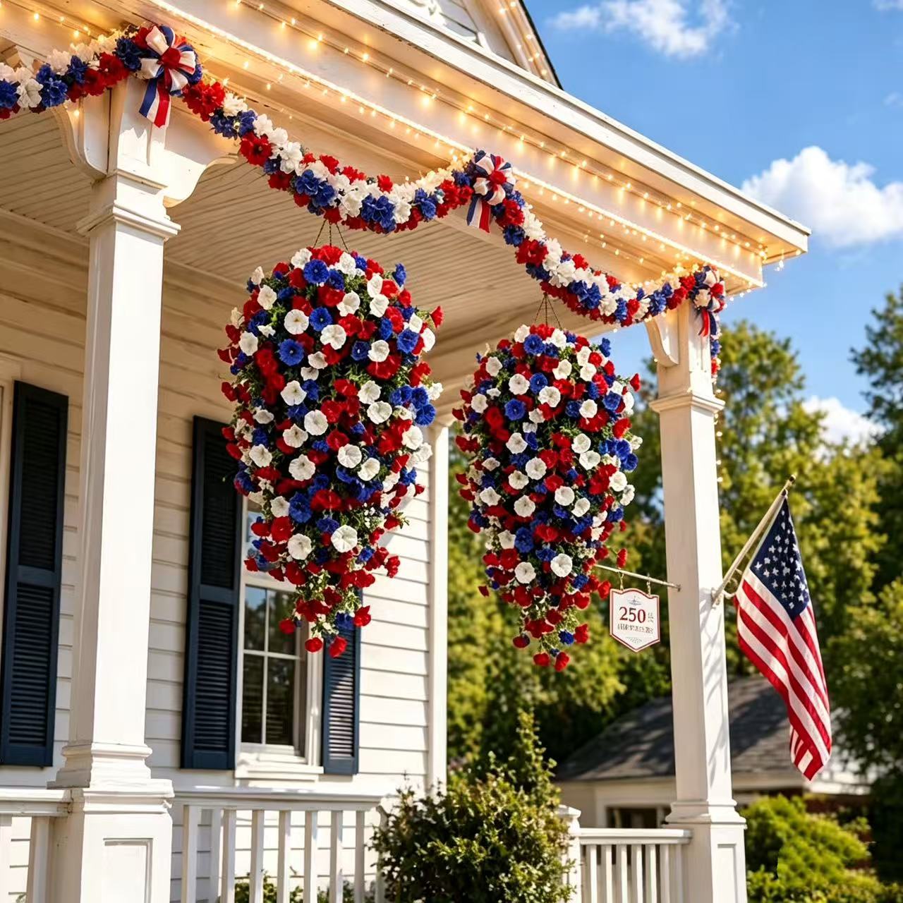 4th of July Patriotic Flower Decor, 3M Warm LED Lights with Button Remote