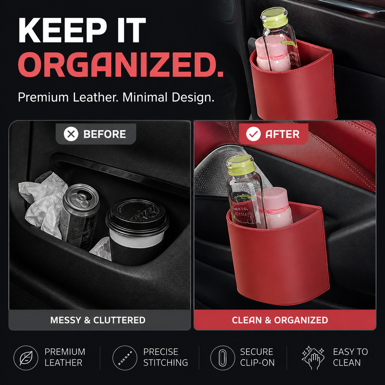 Leather Car Door Cup Holder – Wide‑mouth opening. easy reach for drinks & phone. Clip‑on secure fit. PU leather. tough & stylish. 🛡️✨