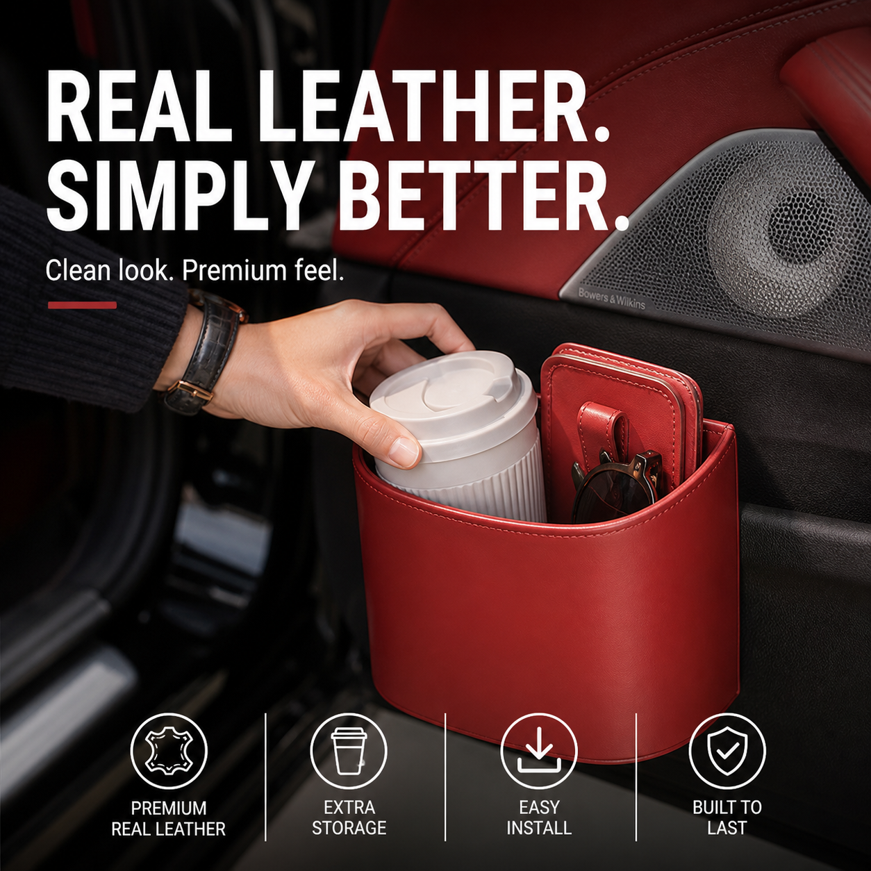 Leather Car Door Cup Holder – Wide‑mouth opening. easy reach for drinks & phone. Clip‑on secure fit. PU leather. tough & stylish. 🛡️✨
